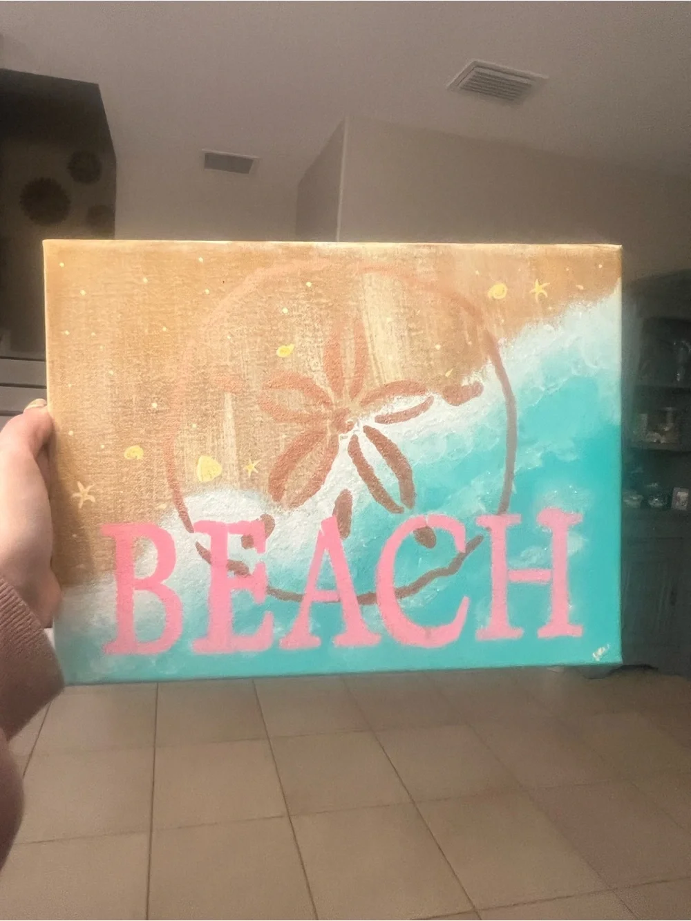 Hand Painted 12”x9” Beach Sand Dollar Wall Art Canvas in Pink and Teal